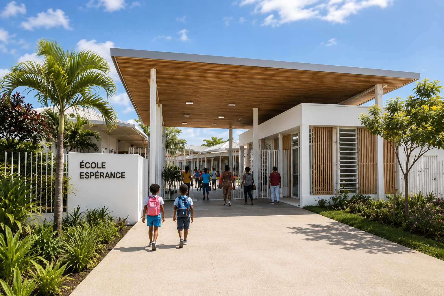 Entrée paysagère et préau couvert de l’École Espérance BD 480 à Morne-à-l’Eau en Guadeloupe